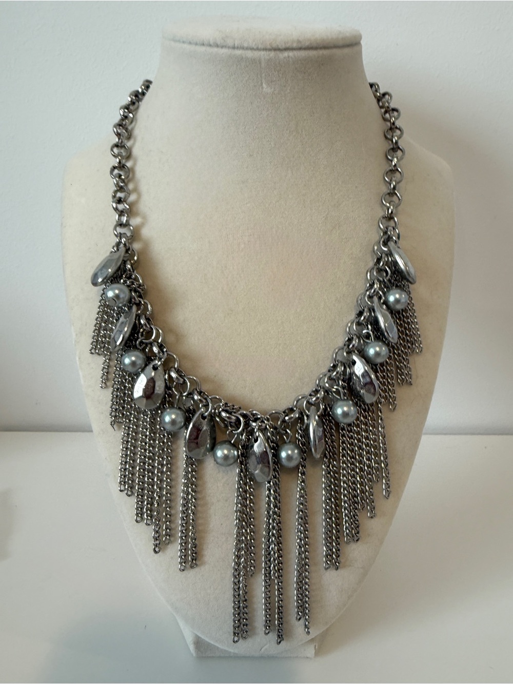 Statement Silver Fringe Chain Necklace with Gunmetal Beads